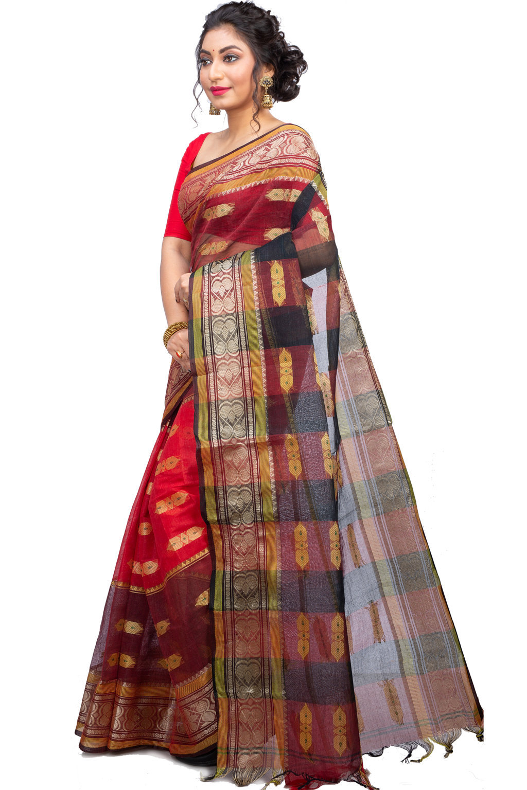 Red Pure Cotton Raj Nandi Desigine Tant Saree (2805)